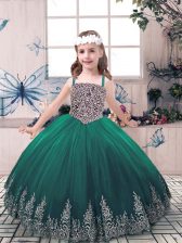 Attractive Sleeveless Tulle Floor Length Lace Up Pageant Gowns For Girls in Green with Beading and Embroidery
