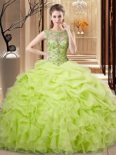 Excellent Scoop Sleeveless Lace Up 15 Quinceanera Dress Yellow Green Organza