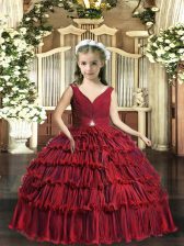  Red V-neck Neckline Beading and Ruffled Layers Little Girl Pageant Dress Sleeveless Backless
