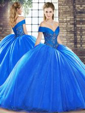 Delicate Beading Vestidos de Quinceanera Royal Blue Lace Up Sleeveless Brush Train