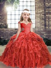  Red Column/Sheath Straps Sleeveless Organza Floor Length Lace Up Beading and Ruffles Pageant Dress for Teens