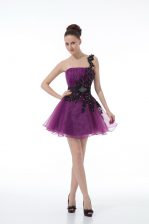 Comfortable Eggplant Purple A-line Beading and Lace and Appliques Prom Evening Gown Zipper Organza Sleeveless Mini Length