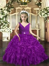 Most Popular Eggplant Purple Ball Gowns Organza V-neck Sleeveless Ruffles Floor Length Backless Kids Formal Wear
