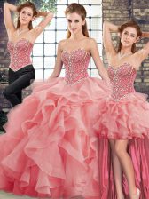  Sweetheart Sleeveless Ball Gown Prom Dress Brush Train Beading and Ruffles Watermelon Red Tulle