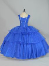  Straps Sleeveless Lace Up Ball Gown Prom Dress Blue Organza
