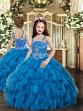 Dramatic Blue Tulle Lace Up Straps Sleeveless Floor Length Kids Formal Wear Beading