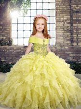  Sleeveless Lace Up Floor Length Beading and Ruffles Kids Pageant Dress