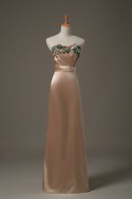 Elegant Champagne Column/Sheath Sweetheart Sleeveless Satin Floor Length Lace Up Appliques Homecoming Dress