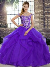 Purple Sleeveless Tulle Brush Train Lace Up Quince Ball Gowns for Military Ball and Sweet 16 and Quinceanera