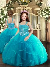 Beauteous Baby Blue Tulle Lace Up Straps Sleeveless Floor Length Child Pageant Dress Beading and Ruffles