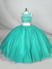  Sleeveless Floor Length Beading Zipper 15 Quinceanera Dress with Turquoise