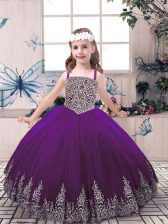  Straps Sleeveless Child Pageant Dress Floor Length Beading and Appliques Purple Tulle