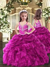 Latest Fuchsia Organza Lace Up Child Pageant Dress Sleeveless Floor Length Beading and Ruffles