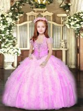  Lilac Straps Lace Up Beading and Ruffles Little Girl Pageant Dress Sleeveless