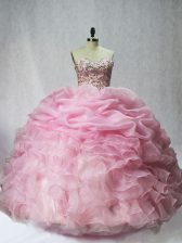  Floor Length Baby Pink 15 Quinceanera Dress Organza Sleeveless Beading and Ruffles and Pick Ups
