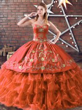  Rust Red Satin and Organza Lace Up Sweetheart Sleeveless Floor Length Sweet 16 Dress Embroidery and Ruffled Layers