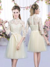  Mini Length Lace Up Quinceanera Court of Honor Dress Champagne for Wedding Party with Bowknot