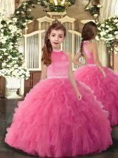 Adorable Floor Length Rose Pink Pageant Dress for Teens High-neck Sleeveless Backless