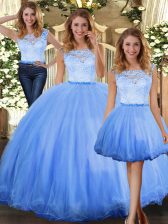  Tulle Scoop Sleeveless Clasp Handle Lace Quinceanera Dresses in Blue