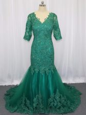  Green Mermaid V-neck Half Sleeves Tulle Brush Train Lace Up Lace and Appliques Prom Dresses