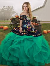 Modern Tulle Sleeveless Floor Length Vestidos de Quinceanera and Embroidery and Ruffles