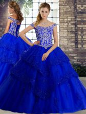 Flirting Royal Blue Lace Up Quinceanera Gowns Beading and Lace Sleeveless Brush Train