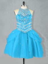  Aqua Blue Tulle Lace Up Halter Top Sleeveless Mini Length Dress for Prom Beading
