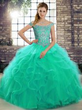 High Quality Sleeveless Brush Train Lace Up Beading and Ruffles Ball Gown Prom Dress