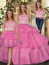 Adorable Hot Pink Sleeveless Lace Floor Length Quinceanera Dress