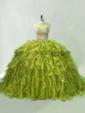 Beautiful Sleeveless Beading and Ruffles Zipper Sweet 16 Dresses with Olive Green Brush Train