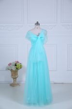 Modest Empire Quinceanera Court Dresses Aqua Blue Straps Tulle Sleeveless Floor Length Zipper