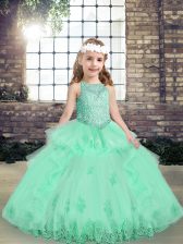 Top Selling Sleeveless Floor Length Lace and Appliques Lace Up Little Girl Pageant Gowns with Apple Green