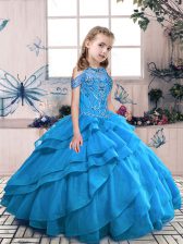  Aqua Blue Organza Lace Up High-neck Sleeveless Floor Length Pageant Dress for Womens Beading and Ruffles