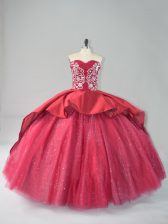 Luxurious Wine Red Sweetheart Lace Up Appliques Quince Ball Gowns Court Train Sleeveless