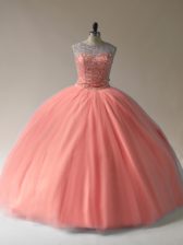 Customized Peach Ball Gowns Tulle Scoop Sleeveless Beading Floor Length Lace Up Sweet 16 Dress