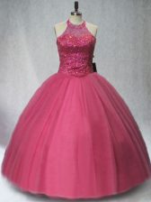 Chic Red Halter Top Lace Up Beading 15 Quinceanera Dress Sleeveless