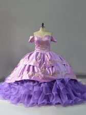  Lavender Lace Up Ball Gown Prom Dress Embroidery and Ruffles Sleeveless Chapel Train