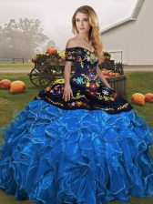 Sexy Blue And Black Ball Gowns Off The Shoulder Sleeveless Organza Floor Length Lace Up Embroidery and Ruffles 15th Birthday Dress