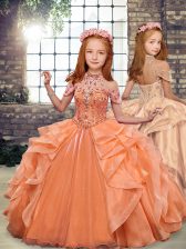  Ball Gowns Little Girl Pageant Gowns Orange High-neck Organza Sleeveless Floor Length Lace Up