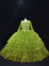 Suitable Olive Green Long Sleeves Ruffled Layers Floor Length 15 Quinceanera Dress