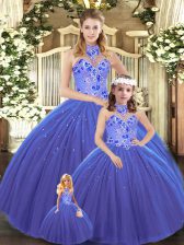 Fine Blue Quince Ball Gowns Sweet 16 and Quinceanera with Embroidery Halter Top Sleeveless Lace Up