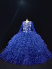  V-neck Long Sleeves Lace Up Quinceanera Gowns Royal Blue Organza