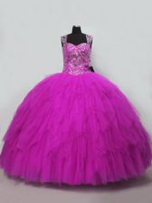  Fuchsia Ball Gowns Tulle Straps Sleeveless Beading and Ruffles Floor Length Lace Up Sweet 16 Quinceanera Dress