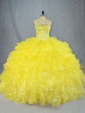 High Quality Beading and Ruffles Quinceanera Dress Yellow Lace Up Sleeveless Asymmetrical