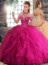  Floor Length Lace Up 15th Birthday Dress Fuchsia for Military Ball and Sweet 16 and Quinceanera with Beading and Ruffles