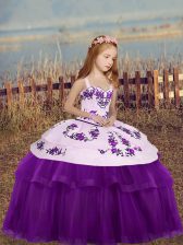 Custom Fit Eggplant Purple Sleeveless Floor Length Embroidery Lace Up Little Girls Pageant Gowns