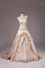  Sleeveless Embroidery and Hand Made Flower Lace Up Quinceanera Gowns with Champagne Brush Train