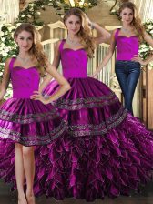 Free and Easy Floor Length Three Pieces Sleeveless Fuchsia Quinceanera Gowns Lace Up