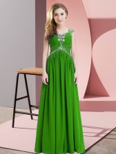  Beading Prom Party Dress Green Lace Up Cap Sleeves Floor Length