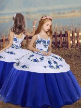 Custom Made Straps Sleeveless Lace Up Child Pageant Dress Royal Blue Organza